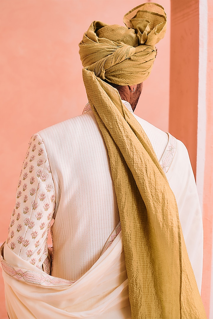 Ivory Silk Embroidered Groom Sherwani Set by Philocaly at Pernia's Pop Up Shop
