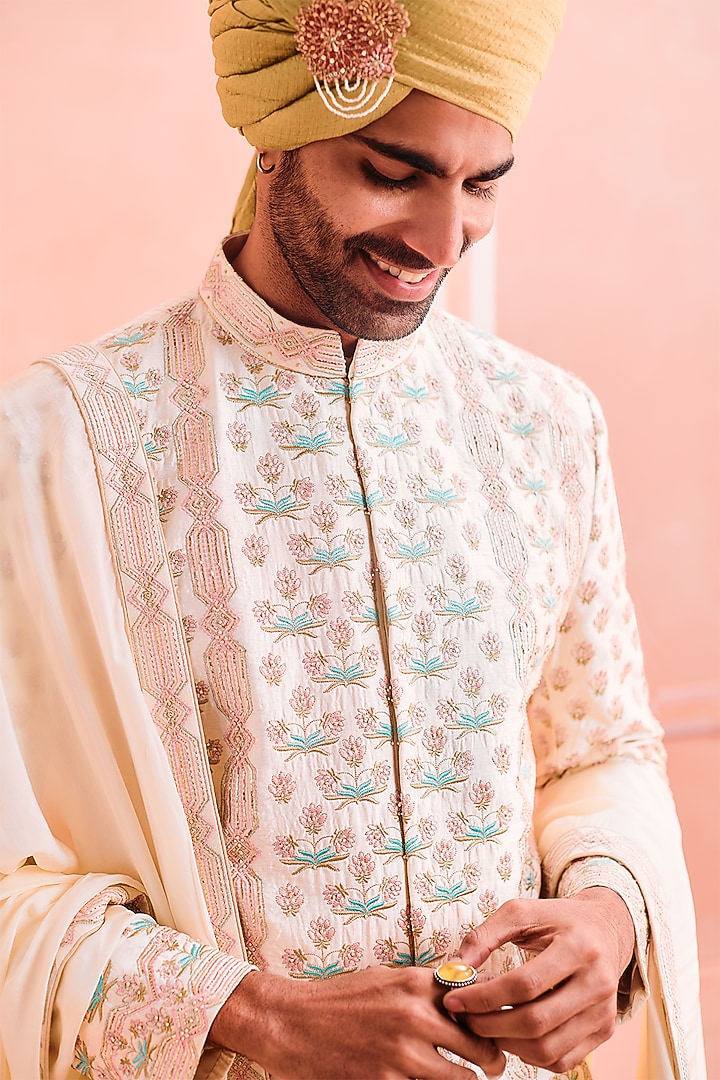 Ivory Silk Embroidered Groom Sherwani Set by Philocaly at Pernia's Pop Up Shop