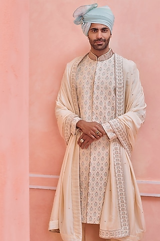 Neutral Beige Silk Motif Embroidered Sherwani Set by Philocaly