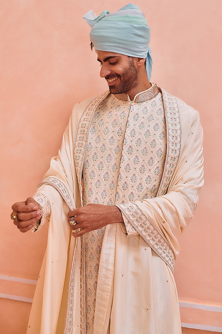 Neutral Beige Silk Motif Embroidered Groom Sherwani Set by Philocaly at Pernia's Pop Up Shop