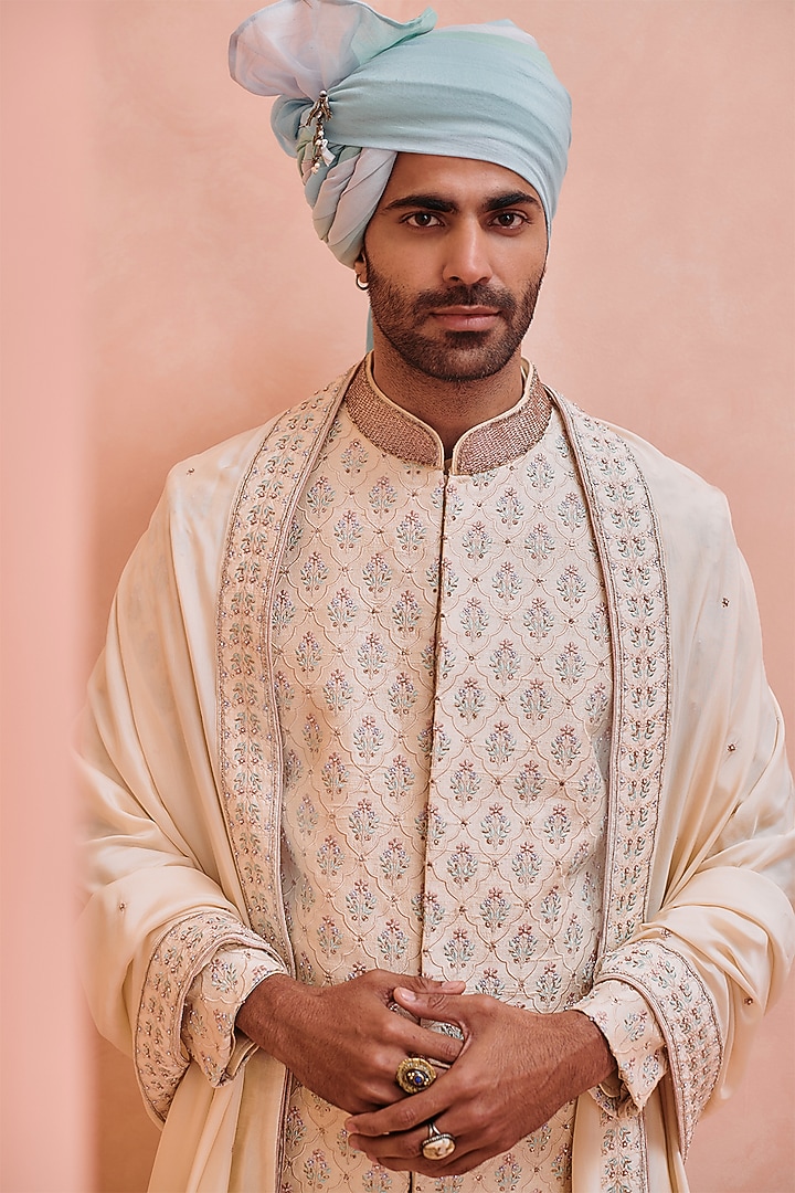 Neutral Beige Silk Motif Embroidered Groom Sherwani Set by Philocaly at Pernia's Pop Up Shop