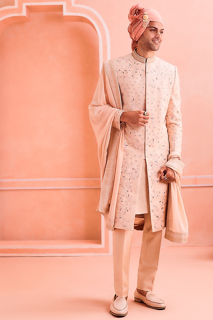 Butterscotch Silk Embroidered Sherwani Set by Philocaly