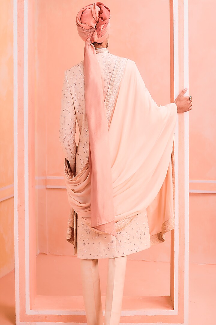 Butterscotch Silk Zari Embroidered Groom Sherwani Set by Philocaly at Pernia's Pop Up Shop