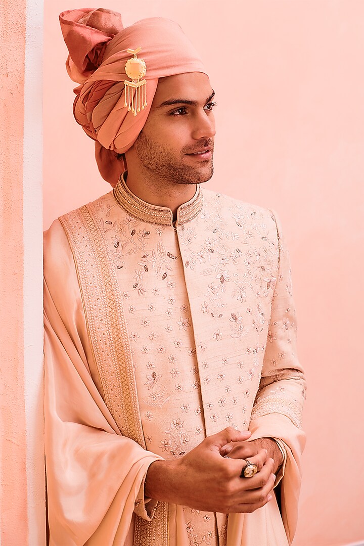 Butterscotch Silk Zari Embroidered Groom Sherwani Set by Philocaly at Pernia's Pop Up Shop