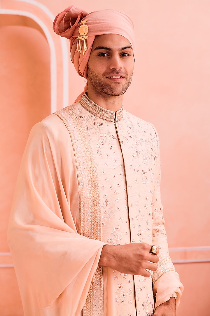 Butterscotch Silk Zari Embroidered Groom Sherwani Set by Philocaly at Pernia's Pop Up Shop