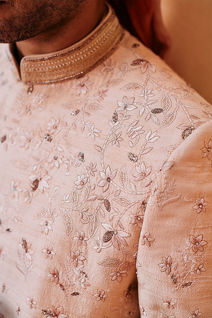 Butterscotch Silk Zari Embroidered Groom Sherwani Set by Philocaly at Pernia's Pop Up Shop