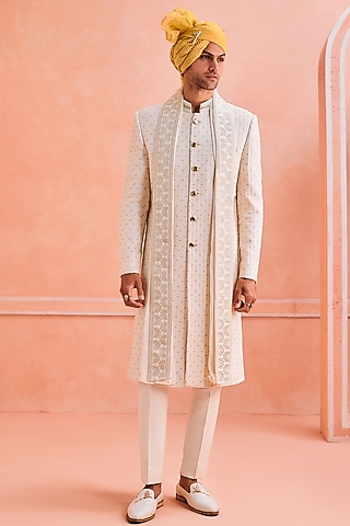 Off-White Silk Zari Embroidered Sherwani Set by Philocaly