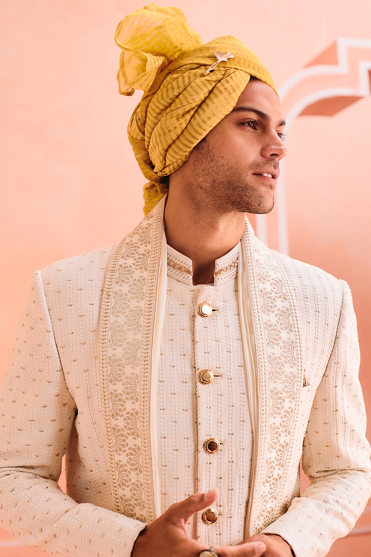 Off White Silk Embroidered Achkan Groom Sherwani Set by Philocaly at Pernia s Pop Up Shop 2024