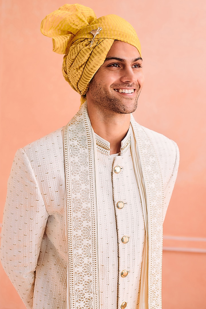 Off-White Silk Zari Embroidered Groom Sherwani Set by Philocaly at Pernia's Pop Up Shop