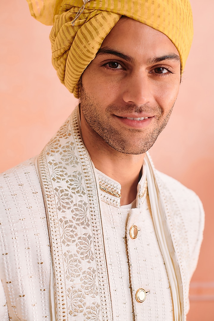 Off-White Silk Zari Embroidered Groom Sherwani Set by Philocaly at Pernia's Pop Up Shop