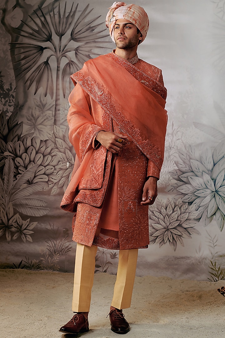 Rust Silk Embroidered Achkan Sherwani Set by Philocaly