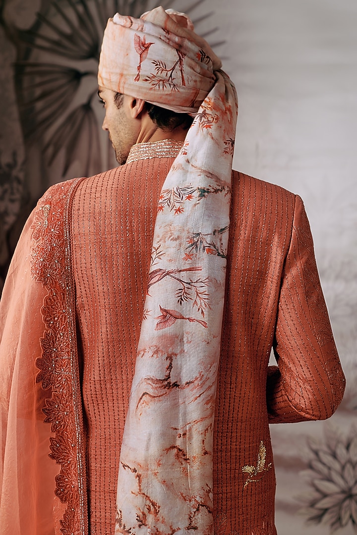 Rust Silk Dori Embroidered Achkan Groom Sherwani Set by Philocaly at Pernia's Pop Up Shop