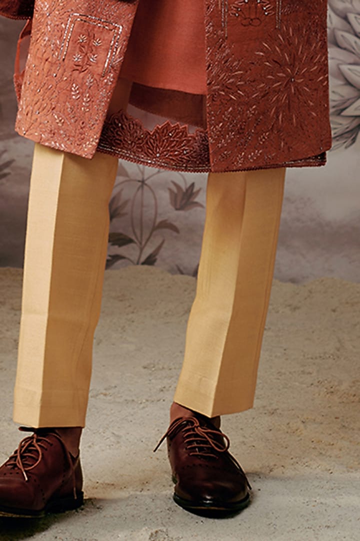 Rust Silk Dori Embroidered Achkan Groom Sherwani Set by Philocaly at Pernia's Pop Up Shop
