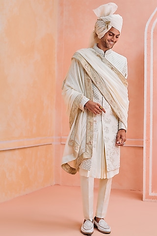 Off-White Silk Zari Embroidered Sherwani Set by Philocaly