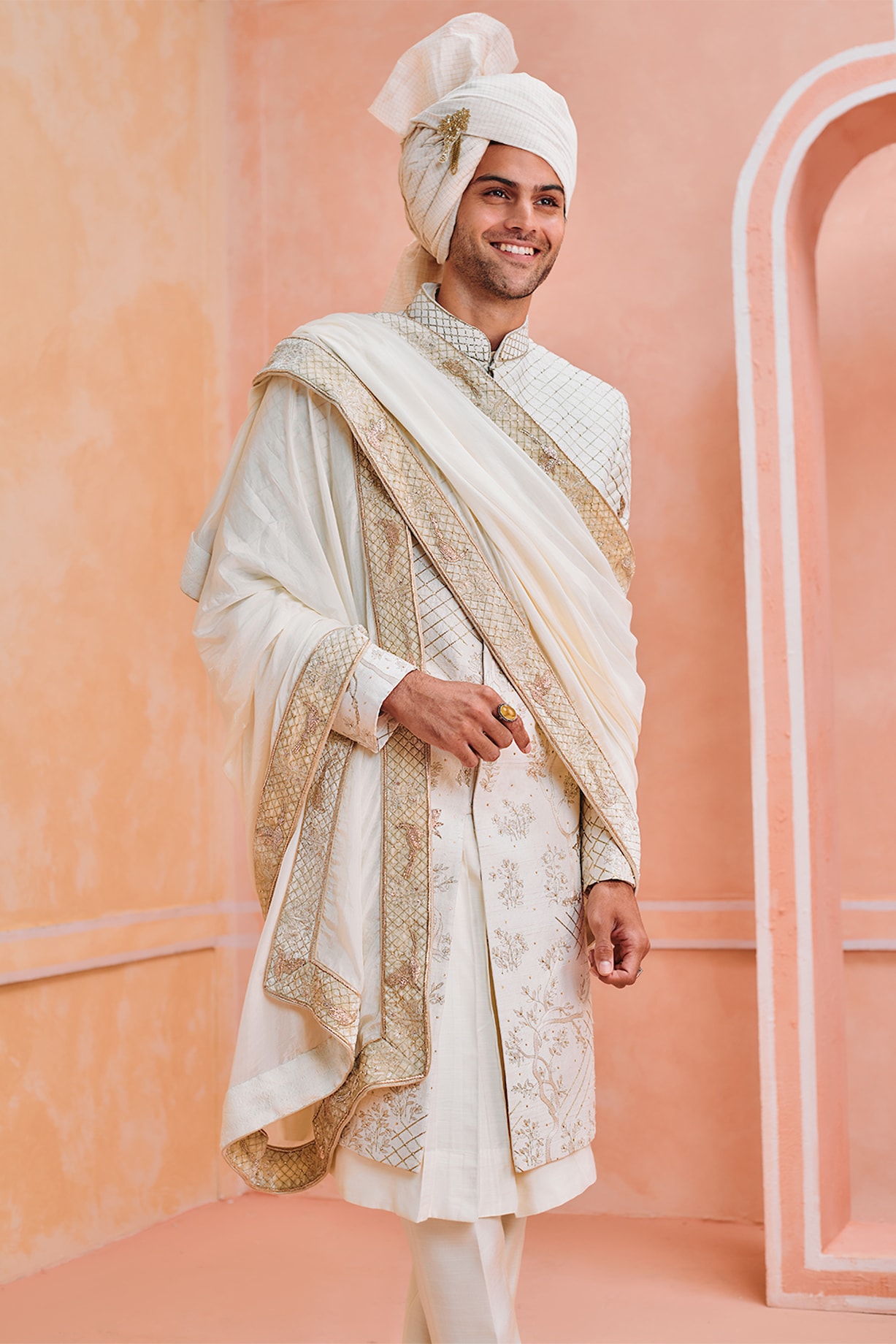 Off-White Silk Embroidered Achkan Groom Sherwani Set by Philocaly