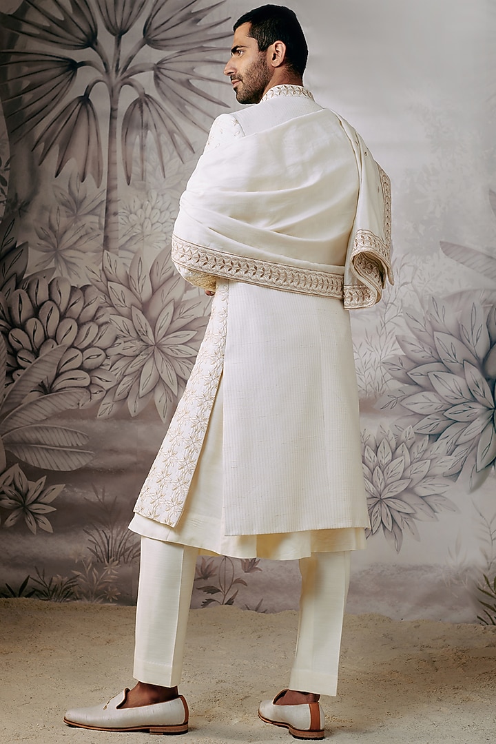 Ivory Silk Resham & Zari Embroidered Groom Sherwani Set by Philocaly at Pernia's Pop Up Shop