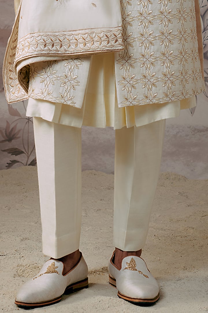 Ivory Silk Resham & Zari Embroidered Groom Sherwani Set by Philocaly at Pernia's Pop Up Shop