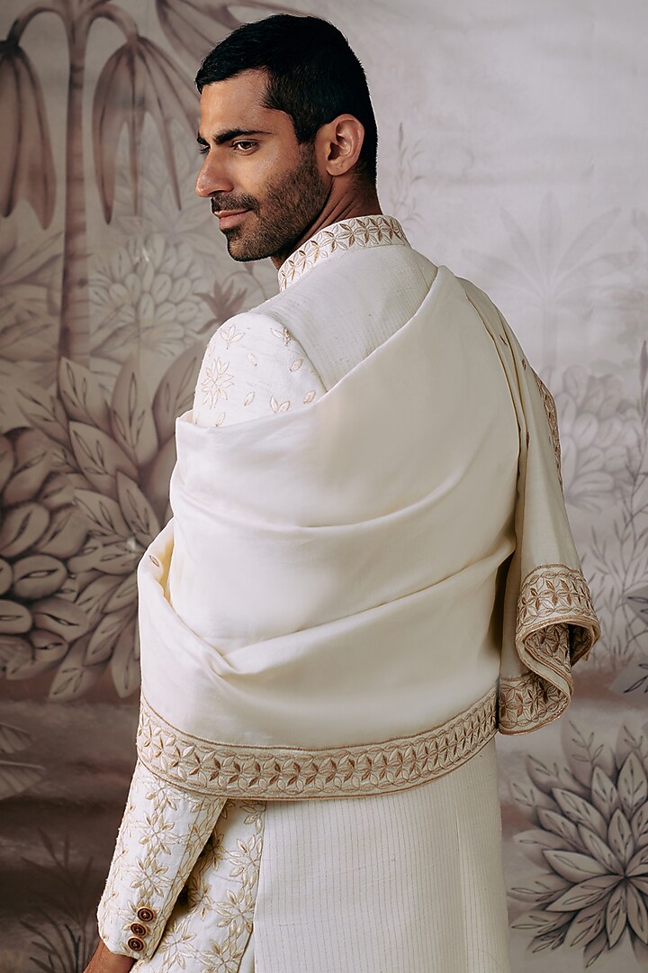 Ivory Silk Resham & Zari Embroidered Groom Sherwani Set by Philocaly at Pernia's Pop Up Shop