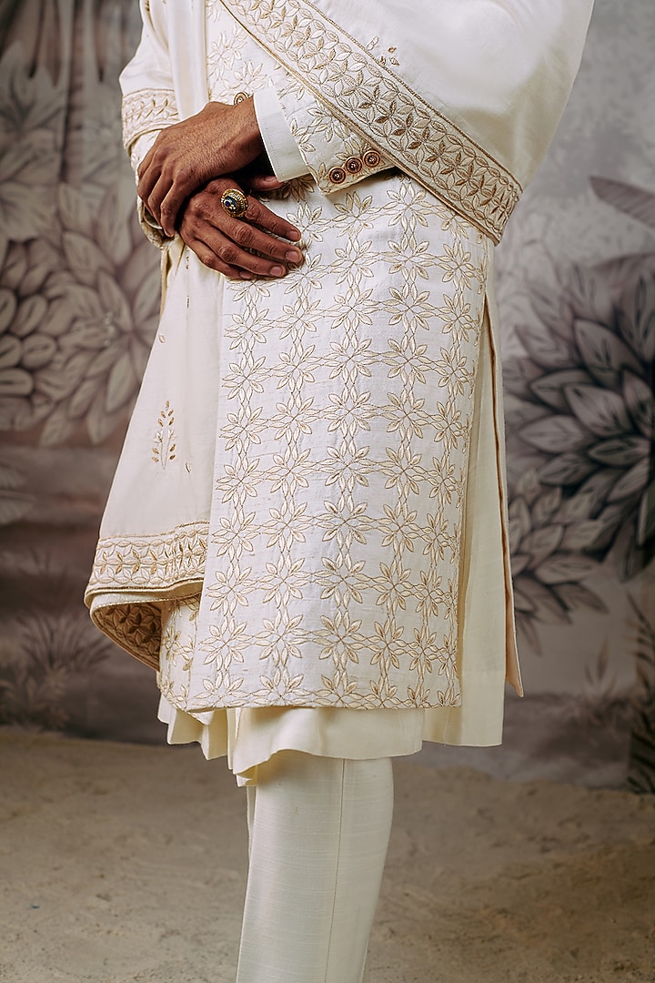 Ivory Silk Resham & Zari Embroidered Groom Sherwani Set by Philocaly at Pernia's Pop Up Shop