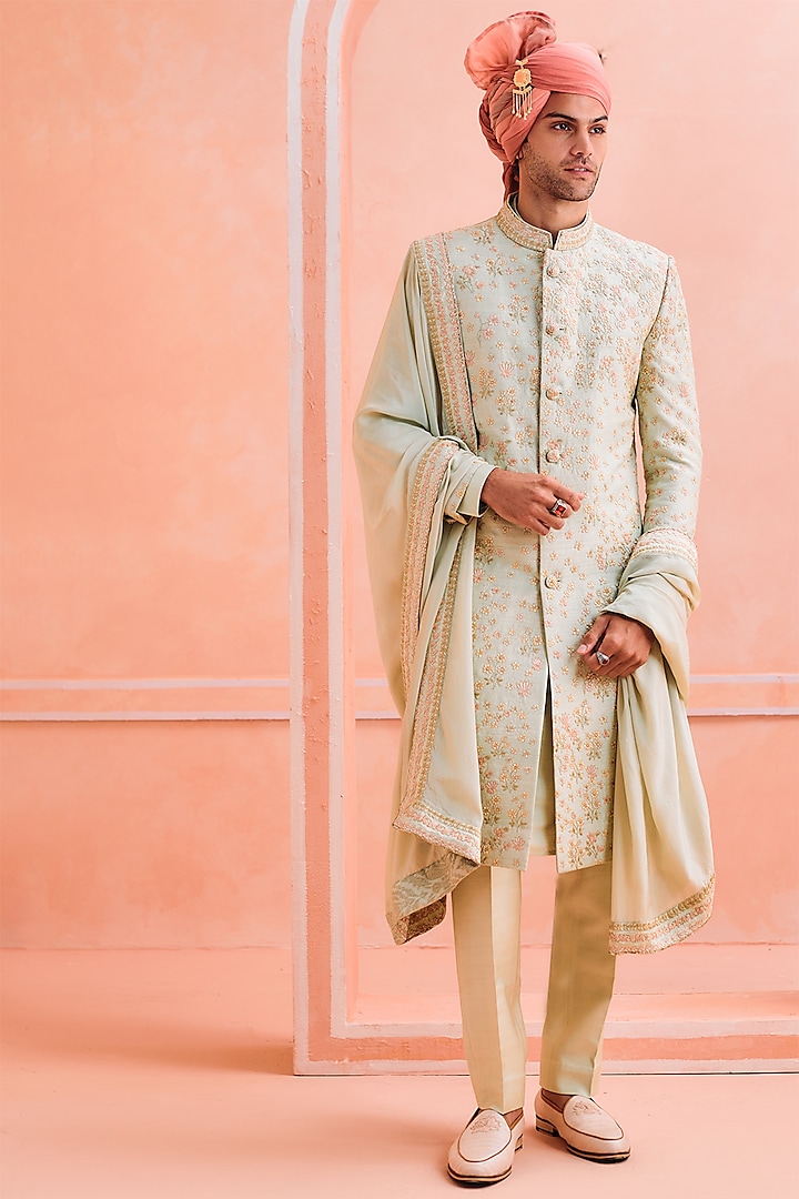 Pastel Green Silk Embroidered Sherwani Set by Philocaly