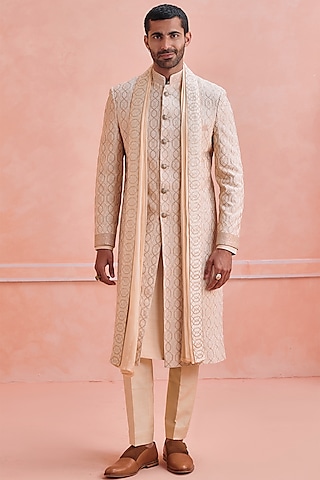 Beige Silk Floral & Resham Embroidered Sherwani Set by Philocaly