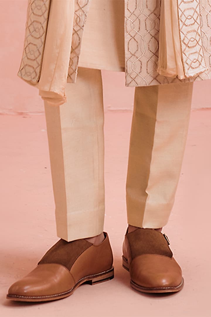 Beige Silk Floral & Resham Embroidered Wedding Sherwani Set by Philocaly at Pernia's Pop Up Shop