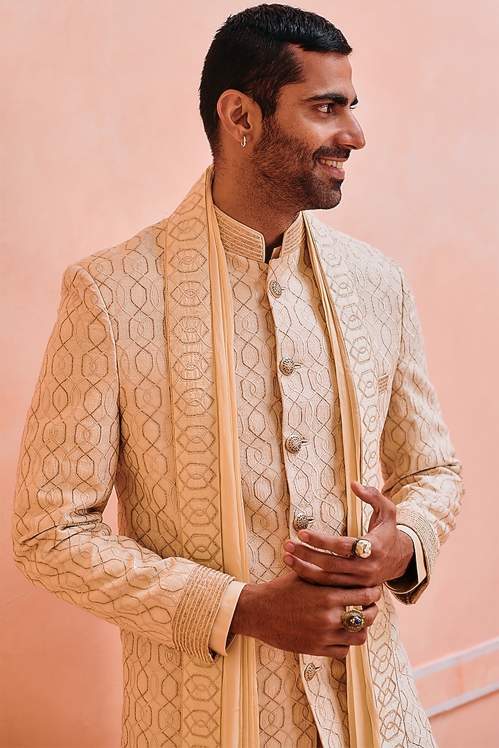 Beige Silk Floral & Resham Embroidered Wedding Sherwani Set by Philocaly at Pernia's Pop Up Shop