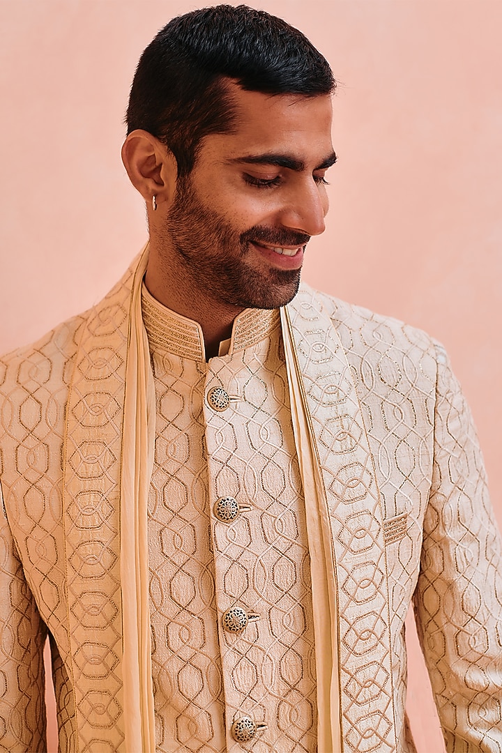 Beige Silk Floral & Resham Embroidered Wedding Sherwani Set by Philocaly at Pernia's Pop Up Shop