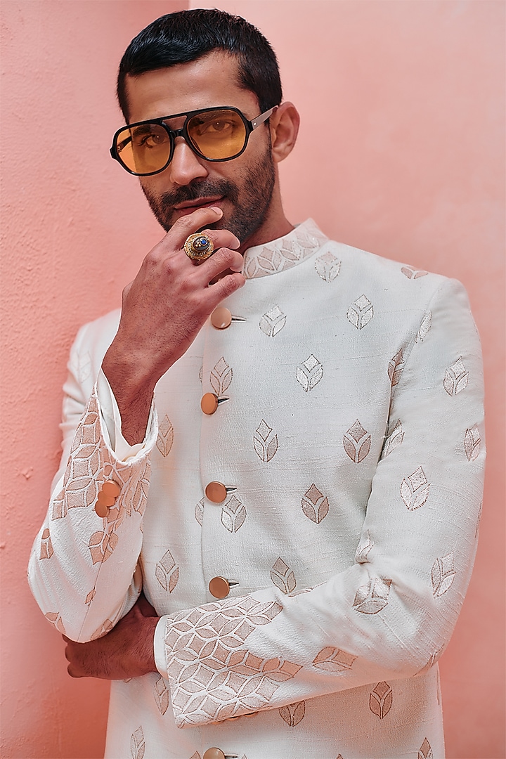 Ivory Silk Zari Embroidered Wedding Sherwani Set by Philocaly at Pernia's Pop Up Shop