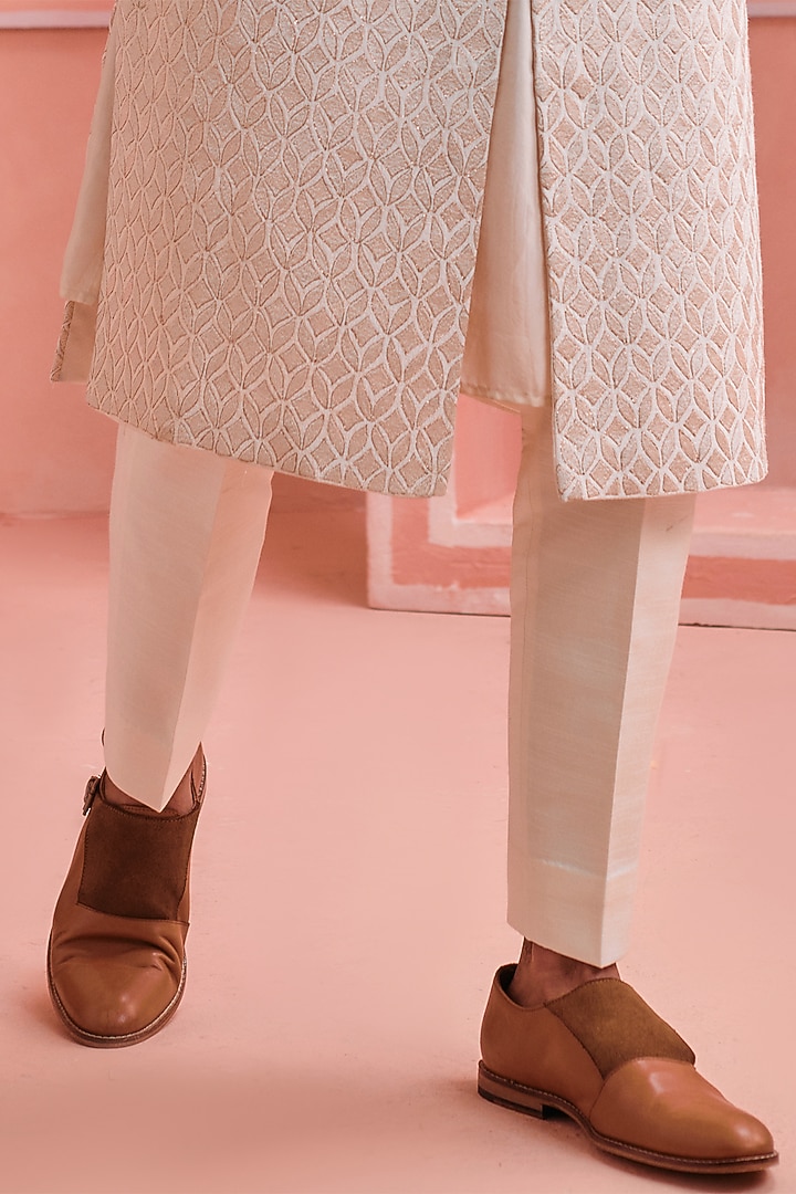 Ivory Silk Zari Embroidered Wedding Sherwani Set by Philocaly at Pernia's Pop Up Shop