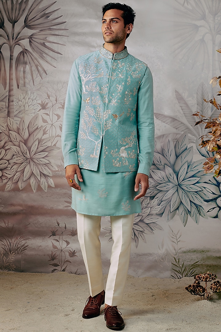 Light Blue Silk Motifs Embroidered Bundi Jacket by Philocaly