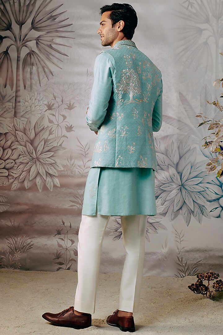 Light Blue Silk Motifs Embroidered Bundi Jacket by Philocaly at Pernia's Pop Up Shop