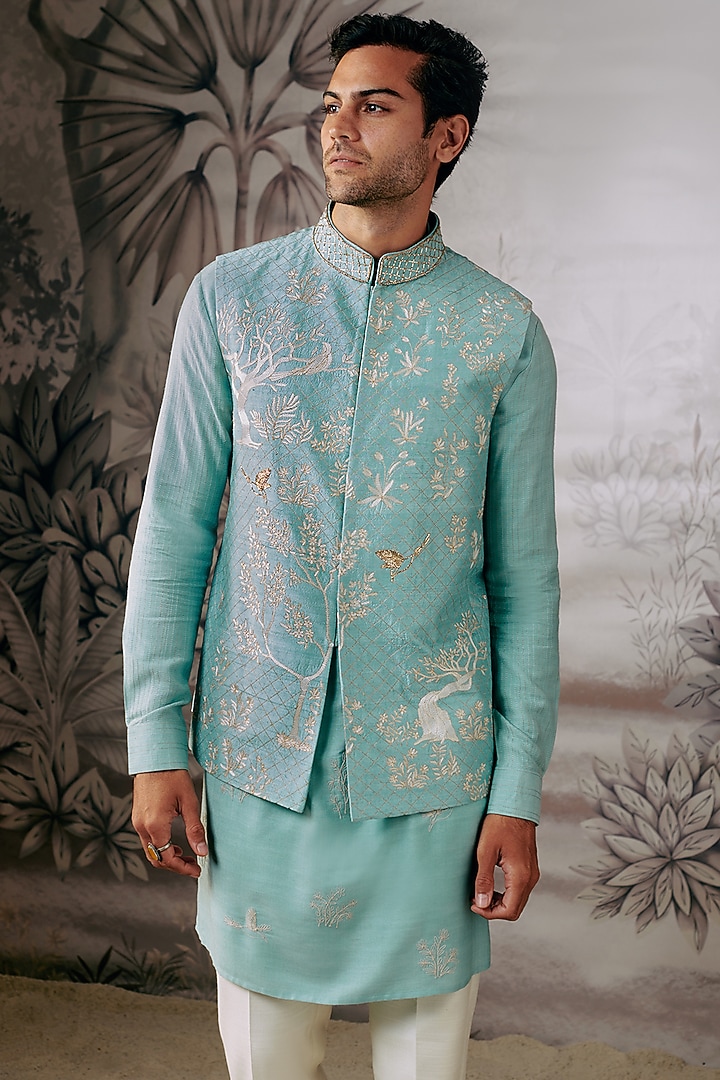 Light Blue Silk Motifs Embroidered Bundi Jacket by Philocaly at Pernia's Pop Up Shop