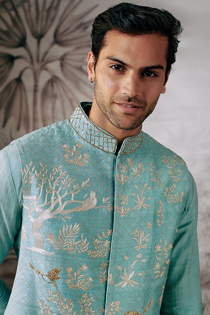 Light Blue Silk Motifs Embroidered Bundi Jacket by Philocaly at Pernia's Pop Up Shop