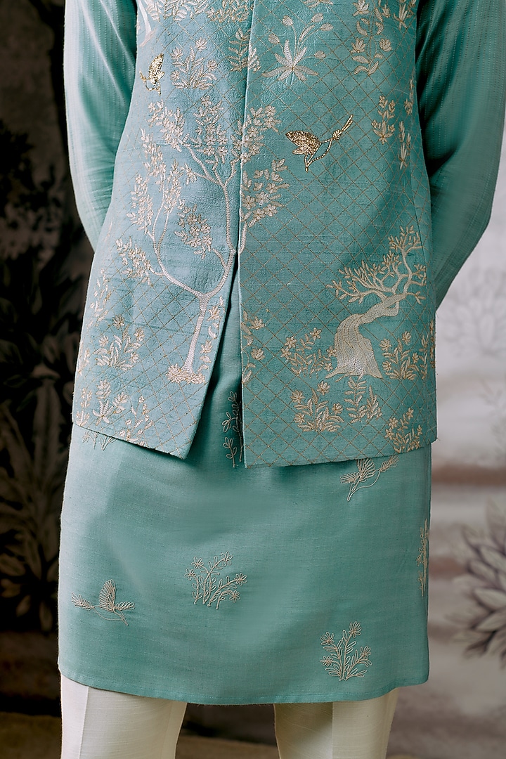 Light Blue Silk Motifs Embroidered Bundi Jacket by Philocaly at Pernia's Pop Up Shop