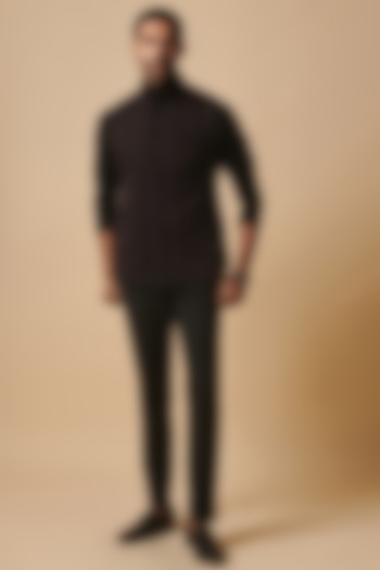 Black & Wine Knitted Striped Bundi Jacket by Philocaly at Pernia's Pop Up Shop