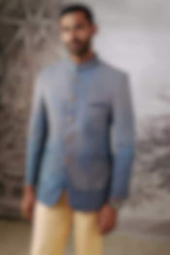 Blue Cotton Silk Embroidered Bandhgala Jacket by Philocaly