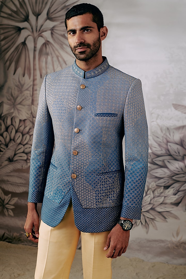 Blue Cotton Silk Embroidered Bandhgala Jacket by Philocaly