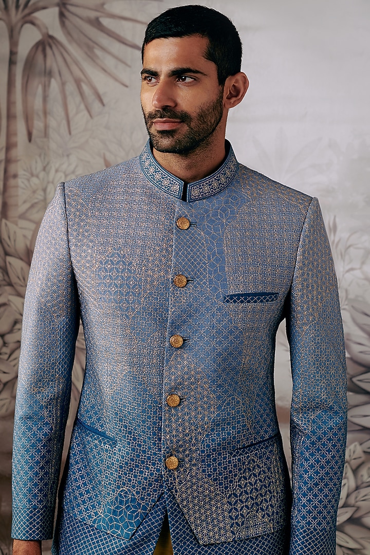 Blue Cotton Silk Zari Embroidered Wedding Bandhgala by Philocaly at Pernia's Pop Up Shop