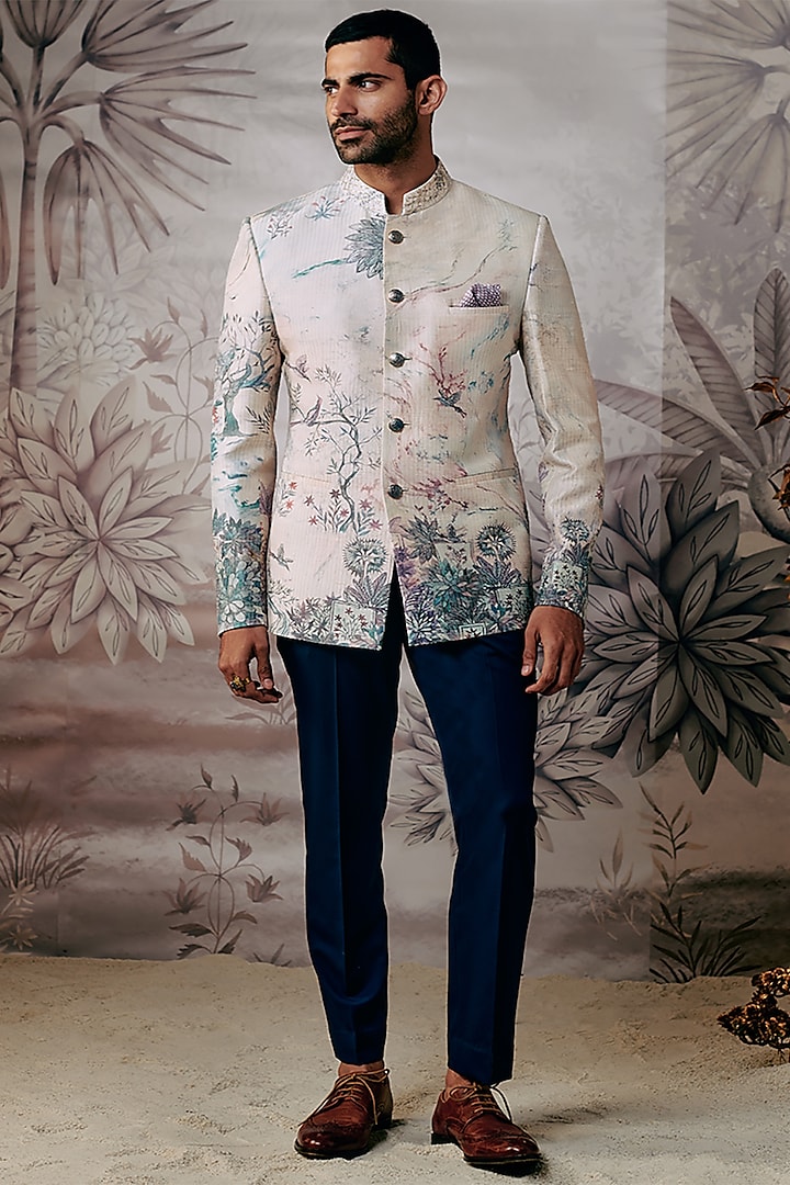 Multi-Colored Silk Printed Bandhgala Jacket by Philocaly