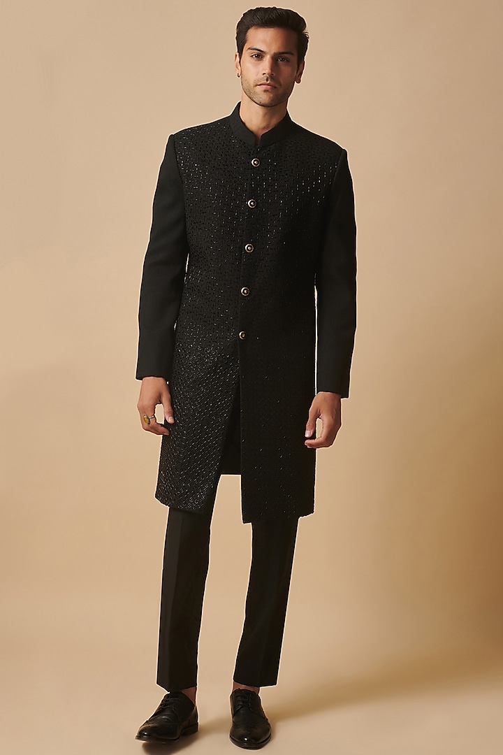 Black Cotton Silk Embroidered Sherwani by Philocaly