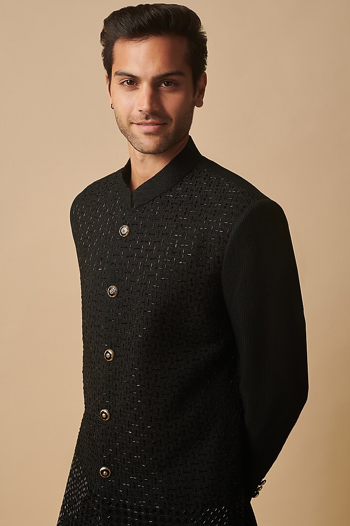Black Cotton Silk Glass Hand Embroidered Wedding Sherwani by Philocaly at Pernia's Pop Up Shop