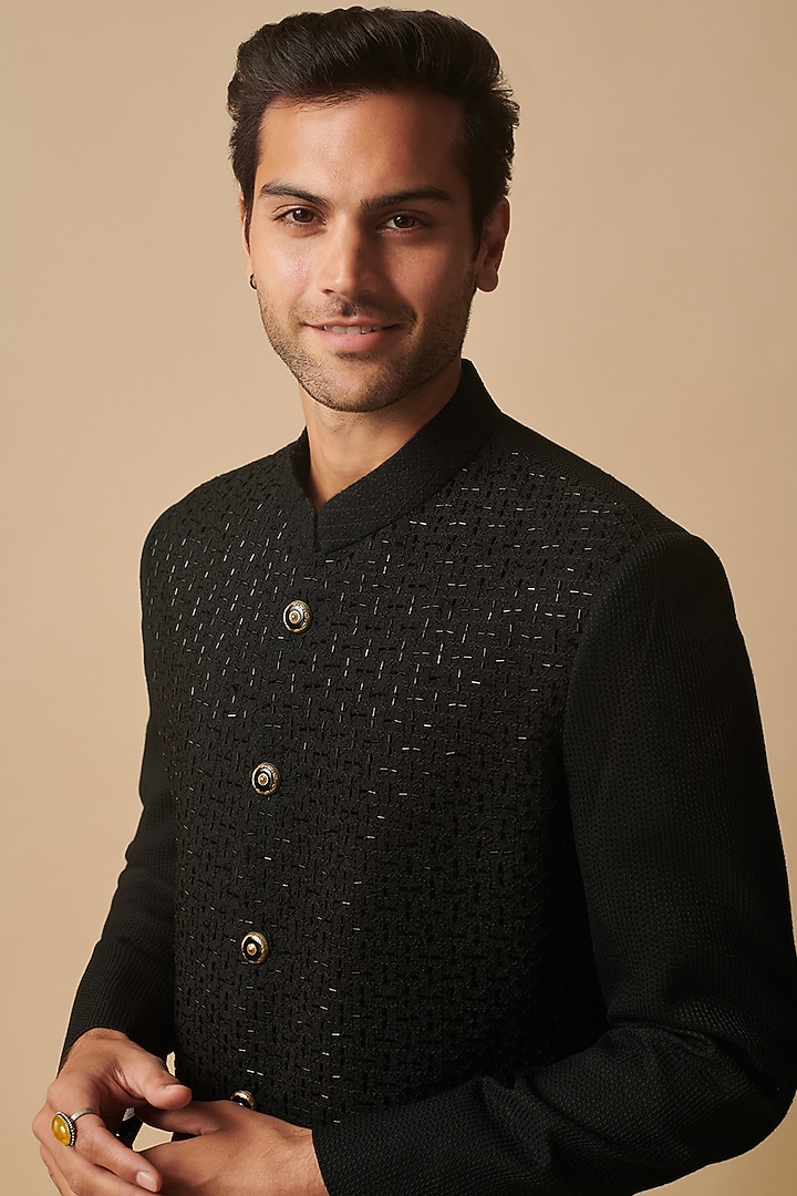 Black Cotton Silk Glass Hand Embroidered Wedding Sherwani by Philocaly at Pernia's Pop Up Shop