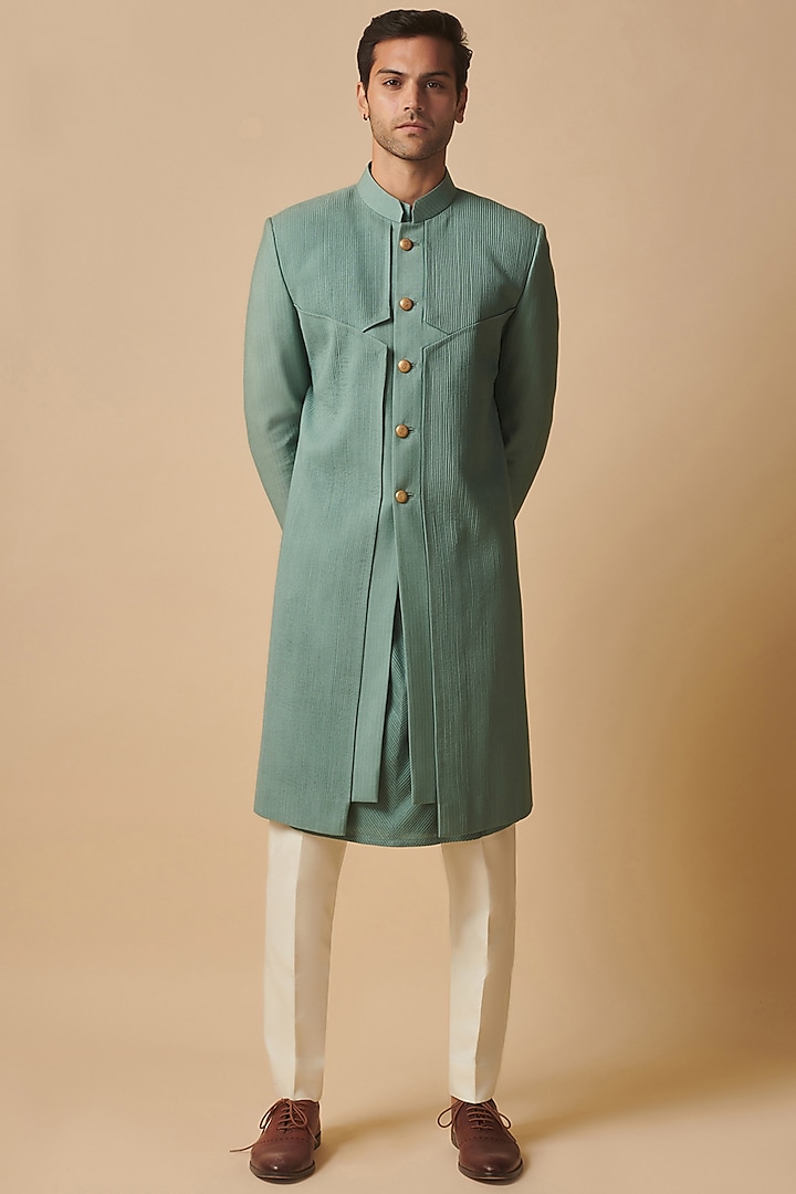 Teal Cotton Silk Panelled Indo-Western Jacket by Philocaly