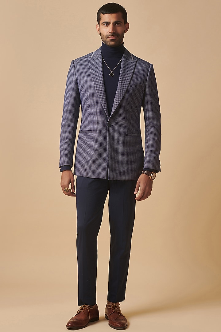 Blue Wool Blend Textured Blazer by Philocaly at Pernia's Pop Up Shop