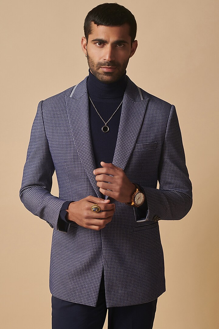 Blue Wool Blend Textured Blazer by Philocaly at Pernia's Pop Up Shop