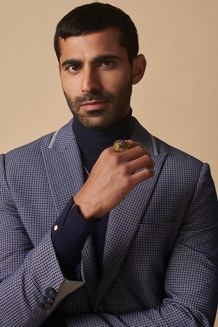 Blue Wool Blend Textured Blazer by Philocaly at Pernia's Pop Up Shop
