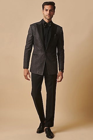 Black Wool Silk Blend Embroidered Tuxedo by Philocaly