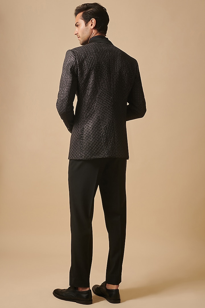 Black Wool Silk Blend Embroidered Tuxedo by Philocaly at Pernia's Pop Up Shop