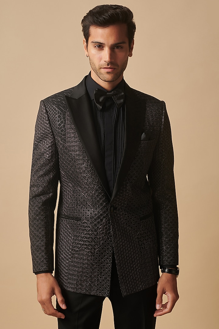Black Wool Silk Blend Embroidered Tuxedo by Philocaly at Pernia's Pop Up Shop